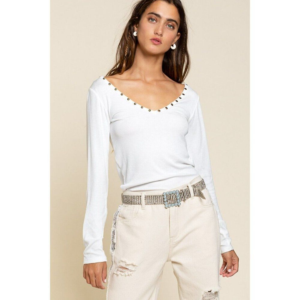 POL CLOTHING Long Sleeve Studded Henley Tee V Neck Ivory White New YKT155 Summer - Picture 7 of 8